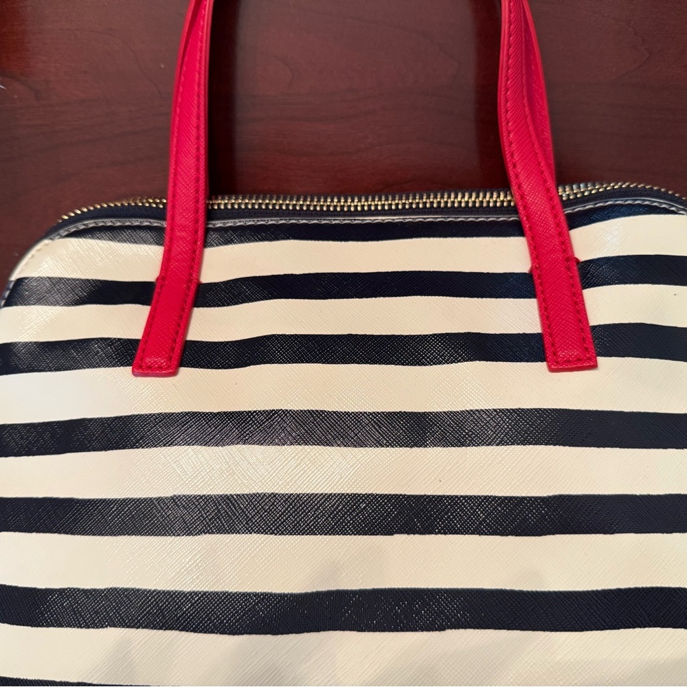 Kate Spade Black and White Striped Satchel with Red Accents - Picture 8 of 8